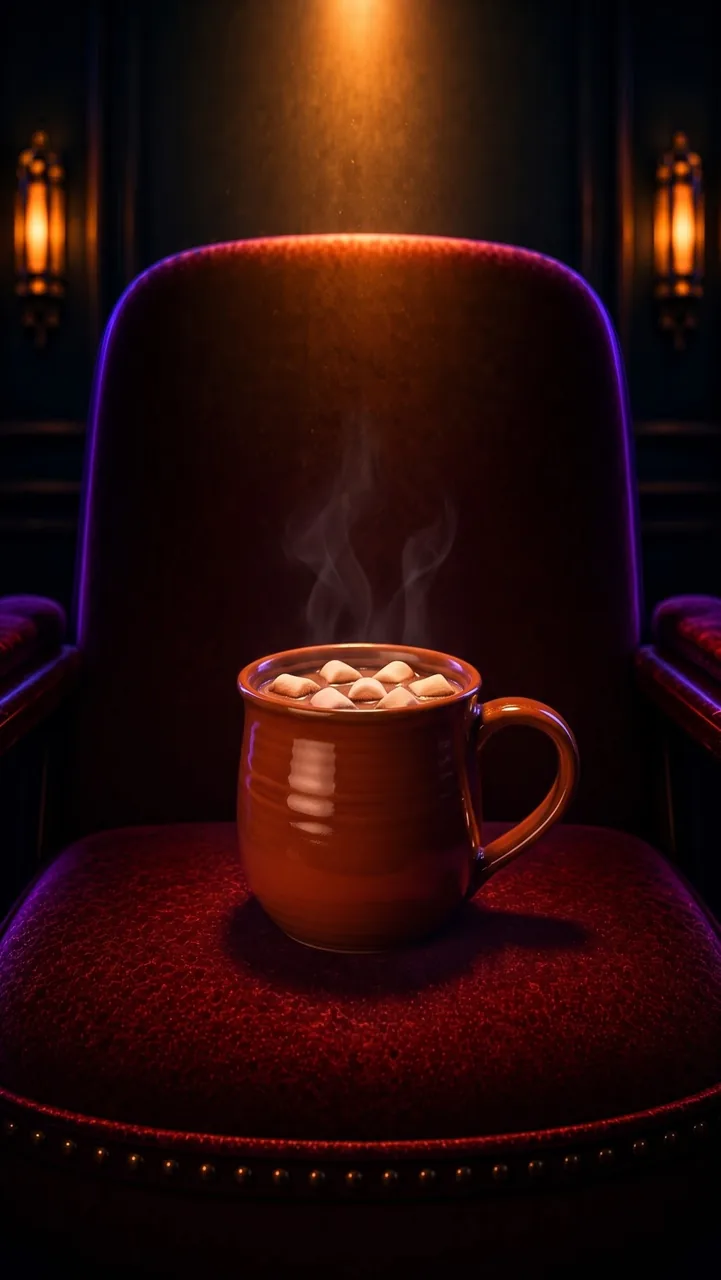A terracotta mug of hot chocolate with marshmallows on a red velvet cinema seat, a few wisps of steam rising into the light.