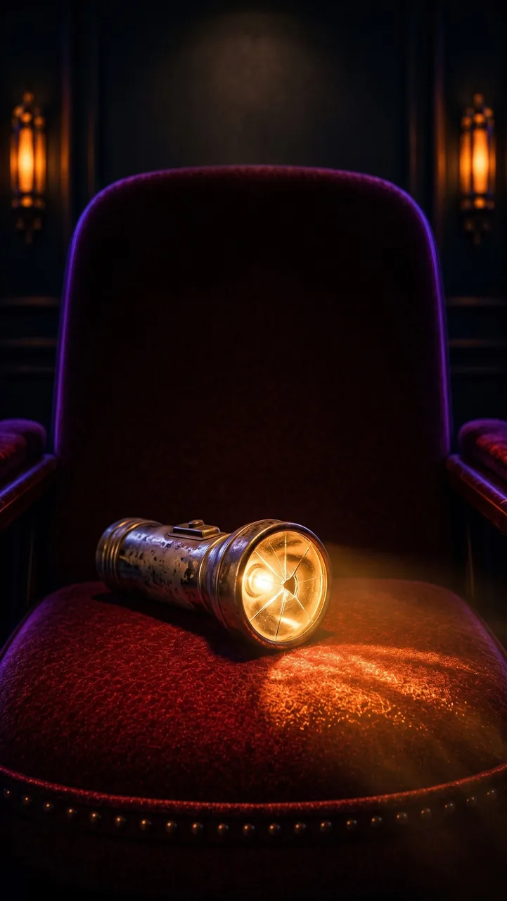 An old, worn metal flashlight lying on a red velvet cinema seat, switched on, its cracked lens throwing a warm, broken beam across the velvet.